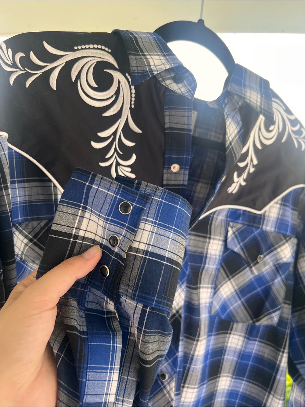 Ely Cattleman Blue, Black and White Plaid Western Shirt with Embroidered Yoke - Picture 3 of 4